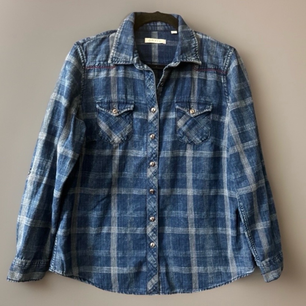 Orvis Western Chambray Button Down Shirt M Blue Plaid Denim Cotton Cowgirl